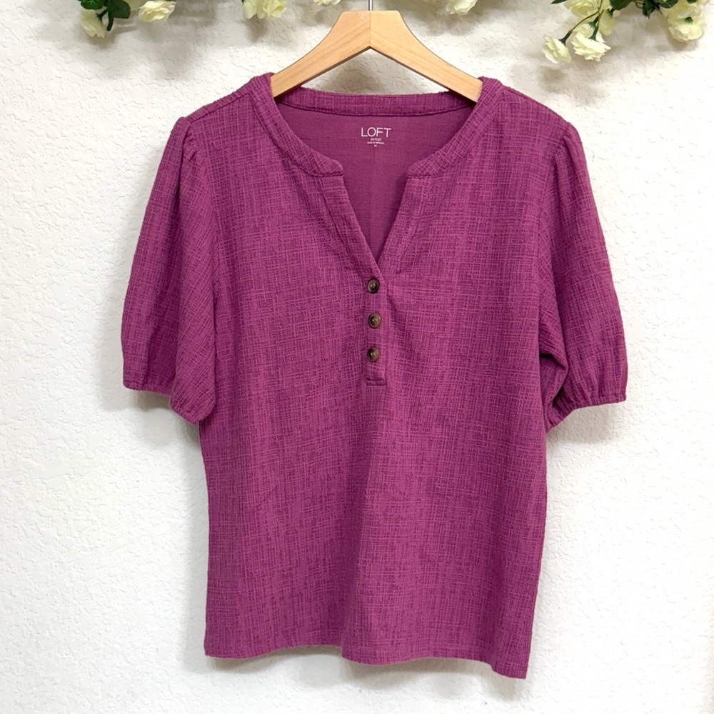 LOFT • Lilac Elegant Short Bubble Sleeve V-Neck Button Cotton Blend Blouse